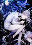  3others androgynous artist_request black_background blue_hair cairngorm_(houseki_no_kuni) closed_eyes colored_eyelashes decapitation gem_uniform_(houseki_no_kuni) ghost_quartz_(houseki_no_kuni) hair_over_one_eye highres houseki_no_kuni lapis_lazuli_(houseki_no_kuni) long_hair lying multiple_others on_back on_side short_hair silver_hair sleeping smile white_hair 