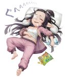  1girl bare_shoulders barefoot black_hair blush book camisole censored chips closed_eyes drooling eyepatch food full_body granblue_fantasy hand_on_own_stomach harvin holding holding_book long_hair lunalu_(granblue_fantasy) lying medical_eyepatch mosaic_censoring navel on_back open_clothes open_mouth open_shirt pants pointy_ears potato_chips purple_pants saliva scotishfold sleeping solo strap_slip very_long_hair white_background white_pillow 