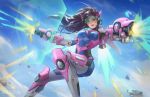  1girl acronym adapted_costume anna_lynn armor artist_name bangs blue_bodysuit blue_sky bodysuit breasts brown_eyes brown_hair cannon commentary cowboy_shot d.va_(overwatch) day debris energy_shield english_commentary exoskeleton facepaint facial_mark firing flying headphones highres jetpack long_hair looking_at_viewer mecha_musume medium_breasts meka_(overwatch) nose open_mouth outdoors overwatch pilot_suit pink_lips power_armor shoulder_pads signature sky smile solo swept_bangs visor weapon whisker_markings 