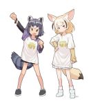  2girls adapted_costume animal_ears black_hair blonde_hair bracelet clenched_hand commentary_request common_raccoon_(kemono_friends) eyebrows_visible_through_hair fang fennec_(kemono_friends) fox_ears fox_tail grey_hair hand_on_hip hand_up japari_symbol jewelry kemono_friends long_sleeves multicolored_hair multiple_girls open_mouth pleated_skirt raccoon_ears raccoon_tail shirt short_hair short_sleeves skirt smile socks t-shirt tail tessaku_ro 