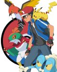  1boy absurdres backpack bag black_shirt blue_jacket fletchinder froakie gloves hat hawlucha highres jacket pikachu pokemon pokemon_(anime) pokemon_(game) pokemon_xy satoshi_(pokemon) shirt suke_(158628) wristband 