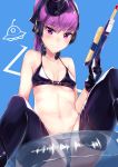  1girl absurdres bikini black_footwear blue_background blush boots breasts cleavage fate/grand_order fate_(series) gun hat headphones helena_blavatsky_(fate/grand_order) highres holding holding_gun holding_weapon innertube looking_at_viewer military_hat nanakaku navel ponytail purple_hair short_hair smile solo stomach swimsuit thigh-highs thigh_boots transparent ufo under_boob violet_eyes weapon 