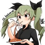  1girl :t anchovy anzio_military_uniform artist_name bangs barashiya black_ribbon black_shirt closed_mouth dress_shirt drill_hair eating eyebrows_visible_through_hair food fork girls_und_panzer green_hair hair_ribbon holding holding_fork long_hair no_neckwear open_collar pasta plate red_eyes ribbon shirt signature simple_background solo spaghetti standing twin_drills twintails twitter_username upper_body white_background 