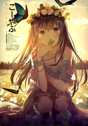  1girl absurdres artist_name bare_legs bare_shoulders blush bracelet brown_eyes brown_hair bug butterfly clouds cloudy_sky clover collarbone dress flower flower_request four-leaf_clover grass head_wreath highres holding_clover insect jewelry kouyafu long_hair looking_at_viewer magazine_scan original pixiv_username sandals scan sky smile solo squatting sunset translation_request tree twitter_username watermark web_address white_dress white_flower 