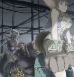  1boy animal_ears blue_eyes breasts brown_hair chrono_cross cleavage commentary_request fur fur_trim janice large_breasts monster_girl multiple_girls short_hair tail 
