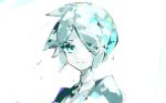  1other androgynous aqua_eyes aqua_hair blue_eyes blue_hair expressionless face hair_over_one_eye highres houseki_no_kuni looking_at_viewer phosphophyllite short_hair solo upper_body white_background 