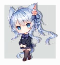  ahoge animal_ears asashio_(azur_lane) azur_lane bangs black_legwear black_ribbon black_skirt blue_eyes blue_hair blush brown_footwear cat_ears cat_girl cat_tail chibi closed_mouth collared_shirt eyebrows_visible_through_hair flower full_body hair_between_eyes hair_flower hair_ornament hair_ribbon hairclip loafers long_hair long_sleeves looking_at_viewer pink_flower plaid plaid_skirt pleated_skirt puffy_long_sleeves puffy_sleeves ribbon school_uniform shirt shoes skirt standing sweater tail tengxiang_lingnai thigh-highs very_long_hair white_shirt 