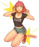  1girl annie_mei annie_mei_project breasts caleb_thomas character_name cleavage clothes_writing converse denim denim_shorts full_body green_eyes jewelry kneeling lips medium_breasts necklace pink_hair shirt shoes short_shorts shorts sneakers solo t-shirt 