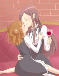  2girls alcohol beatrice_(princess_principal) blush breasts brown_hair closed_eyes cup dorothy_(princess_principal) drinking_glass highres kiss large_breasts maid multiple_girls princess_principal school_uniform sitting sitting_on_lap sitting_on_person waon_(waon_oekk) wine wine_glass yuri 