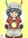  1girl black_hair blush bucket_hat commentary_request cowboy_shot eyebrows_visible_through_hair feathers flying_sweatdrops gaketsu gloves hat kaban_(kemono_friends) kemono_friends nose_blush open_mouth pantyhose price_tag sandstar shirt short_hair shorts solo sweatdrop t-shirt 