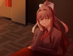  1girl artist_name brown_hair chin_rest commentary doki_doki_literature_club english_commentary eyebrows_visible_through_hair eyes_visible_through_hair green_eyes hair_ribbon indoors light_smile long_hair looking_at_viewer miss-intention monika_(doki_doki_literature_club) ponytail ribbon school_uniform solo white_ribbon 