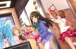 3girls :d blue_coat blue_eyes bouquet brown_eyes brown_hair closed_eyes clothes_around_waist flower flower_request hair_flower hair_ornament happy_new_yeah!_(idolmaster) happy_valentine highres honda_mio hood hoodie idolmaster idolmaster_cinderella_girls idolmaster_cinderella_girls_starlight_stage jacket_around_waist kite looking_at_viewer mimura_kanako multiple_girls official_art open_mouth pants red_flower red_rose ribbed_sweater rose scarf shibuya_rin shorts smile sweater vase white_hoodie white_pants