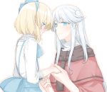  2girls :t alice_margatroid alice_margatroid_(pc-98) blonde_hair blue_eyes blush bow capelet child crying crying_with_eyes_open hair_bow hair_ribbon hand_holding high_collar long_hair mother_and_daughter multiple_girls neck_ribbon pout ribbon sakuraba_yuuki shinki short_hair side_ponytail silver_hair skirt smile suspender_skirt suspenders tears touhou touhou_(pc-98) white_background white_hair younger 