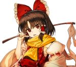  1girl ascot bow brown_hair commentary_request detached_sleeves gohei hair_bow hair_tubes hakurei_reimu japanese_clothes looking_at_viewer manarou medium_hair miko red_bow red_eyes ribbon-trimmed_sleeves ribbon_trim sarashi scarf solo touhou upper_body white_background wide_sleeves 