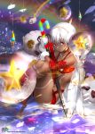  1girl absurdres altera_(fate) altera_the_santa animal bare_shoulders blush boots candy candy_cane collarbone commentary_request dark_skin detached_sleeves earmuffs fate/grand_order fate_(series) food fur-trimmed_mittens fur_trim highres kyjsogom leg_hug long_sleeves mittens red_eyes red_footwear sheep silver_hair sitting solo star veil watermark web_address white_mittens 