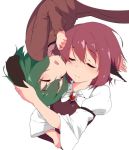  2girls animal_ears bird_ears brooch closed_eyes commentary_request green_hair hug jewelry kasodani_kyouko long_sleeves multiple_girls mystia_lorelei open_mouth pink_hair puffy_sleeves short_hair sleeping smile tera_zip touhou upper_body white_background 