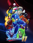  6+boys absurdres acid_man arm_cannon blast_man block_man blue_eyes blue_footwear blue_gloves capcom clenched_teeth copyright_name everyone fire fuse_man gears gloves helmet highres looking_at_viewer multiple_boys official_art pile_man red_eyes robot rockman rockman_(character) rockman_(classic) rockman_11 rubber_man serious smile teeth torch_man tundra_man violet_eyes weapon yellow_eyes 
