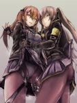  2girls armband ass bangs black_glvoes black_legwear black_ribbon blush breasts brown_eyes brown_hair closed_mouth crotch_seam eyebrows_visible_through_hair fingerless_gloves girls_frontline gloves hair_between_eyes hair_ornament hairclip highres holding_another&#039;s_hair hood hood_down hooded_jacket jacket lifted_by_another long_hair looking_at_viewer medium_breasts mizukamakiri multiple_girls neck_ribbon one_side_up open_mouth panties pantyhose pleated_skirt ribbon scar scar_across_eye shirt skirt skirt_lift smile thigh_strap twintails ump45_(girls_frontline) ump9_(girls_frontline) underwear white_shirt yellow_eyes 