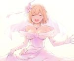 1girl :d bangs bare_shoulders blonde_hair blush breasts bridal_veil closed_eyes collarbone commentary_request djeeta_(granblue_fantasy) dress earrings elbow_gloves eyebrows_visible_through_hair facing_viewer flower gloves granblue_fantasy hair_flower hair_ornament happy highres jewelry koretsuki_azuma medium_breasts necklace off-shoulder_dress off_shoulder open_mouth rose round_teeth short_hair simple_background skirt_hold smile solo tearing_up teeth veil wedding_dress white_background white_dress white_flower white_gloves white_rose 