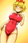  1girl blonde_hair blush breasts closed_mouth competition_swimsuit hair_ornament highres large_breasts one-piece_swimsuit red_swimsuit short_hair solo swimsuit toramaru_shou touhou yellow_background yellow_eyes 