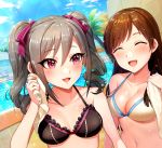  2girls bangs bare_shoulders bikini black_bikini blue_sky blush bow breasts brown_hair cleavage closed_eyes collarbone drill_hair hair_between_eyes hair_bow highres idolmaster idolmaster_cinderella_girls jai_(whany1998) kanzaki_ranko long_hair medium_breasts multiple_girls navel nitta_minami open_mouth palm_tree pool red_eyes silver_hair sky smile swimsuit tree twin_drills twintails waist wet white_bikini 