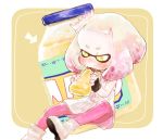  +_+ 1girl black_gloves blush boots commentary_request crown directional_arrow domino_mask dress eating fingerless_gloves gloves hime_(splatoon) holding jar long_sleeves mask mayonnaise mole mole_under_mouth pantyhose pink_legwear sitting solo splatoon splatoon_2 squirt_bottle tentacle_hair thick_eyebrows uni_(u2katsu14) white_dress white_footwear yellow_background yellow_eyes 