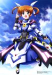  1girl absurdres armor artist_request black_gloves brown_hair faulds fingerless_gloves gloves glowing gun highres holding holding_gun holding_weapon long_hair long_sleeves looking_at_viewer lyrical_nanoha magical_girl mahou_shoujo_lyrical_nanoha_detonation megami official_art puffy_sleeves shiny shiny_hair skirt solo takamachi_nanoha twintails violet_eyes weapon 