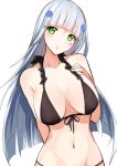  1girl absurdres alternate_costume arm_behind_back bangs bikini black_bikini blunt_bangs blush breasts collarbone commentary eyebrows_visible_through_hair facepaint front-tie_bikini front-tie_top girls_frontline green_eyes hair_ornament hand_on_own_chest head_tilt highres hk416_(girls_frontline) long_hair looking_at_viewer medium_breasts navel parted_lips sidelocks silver_hair simple_background solo stomach swimsuit teardrop very_long_hair white_background wo_cai_bushi_zhushou 