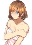  1girl absurdres bare_arms bare_shoulders blue_eyes breasts brown_hair cleavage closed_mouth collarbone commentary frills highres holding_own_arm lingerie looking_to_the_side medium_breasts miyamori_aoi norman_maggot pink_tank_top shirobako short_hair smile strapless tank_top underwear upper_body 