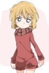  1girl bangs blue_eyes brown_hair brown_scarf closed_mouth cowboy_shot dress eyebrows_visible_through_hair frown haibara_ai ixy long_sleeves looking_at_viewer meitantei_conan outside_border pink_background red_dress scarf short_dress short_hair solo standing striped striped_scarf sweater sweater_dress 