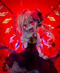  1girl blonde_hair blood blood_from_mouth blood_on_face bracelet dress fang fangs finger_to_mouth flandre_scarlet fua_yuu highres jewelry looking_at_viewer red_background red_dress red_eyes short_hair smile touhou vampire wings 