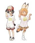  2girls adapted_costume alternate_headwear animal_ears baseball_cap black_hair blonde_hair boots commentary_request eyebrows_visible_through_hair feathers gloves hand_on_headwear hat kaban_(kemono_friends) kemono_friends multicolored_hair multiple_girls paw_pose serval_(kemono_friends) serval_ears serval_print serval_tail shirt short_hair short_sleeves shorts skirt socks t-shirt tail tessaku_ro thigh-highs 
