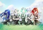  6+others :d ahoge androgynous antarcticite aqua_hair arm_up artist_request blue_eyes blue_hair blue_sky cairngorm_(houseki_no_kuni) closed_eyes clouds colored_eyelashes crossed_arms day facing_viewer flower gem_uniform_(houseki_no_kuni) ghost_quartz_(houseki_no_kuni) grass green_hair grey_eyes grey_eyes grey_hair group_picture hair_between_eyes hair_flower hair_ornament hair_over_one_eye hand_in_hair happy head_wreath highres hime_cut holding holding_flower houseki_no_kuni lapis_lazuli_(houseki_no_kuni) long_bangs long_hair medium_hair mercury multiple_others necktie open_mouth outdoors phosphophyllite raised_eyebrow red_eyes redhead scenery shinsha_(houseki_no_kuni) short_hair silver_hair sitting sky smile sparkle suspenders white_eyes white_hair white_skin 