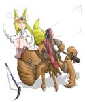  1girl absurdres animal animal_ears blonde_hair bug cicada closed_mouth clothed_animal doitsuken dress drinking fox_ears fox_tail from_side gloves headband headlight highres holding ice_pick insect long_hair monster_energy mouth_hold original oversized_animal pouch scissors shoes sitting smile socks solo tail white_dress 