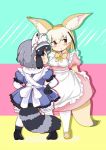  2girls adapted_costume alternate_costume animal_ears back_bow black_hair blonde_hair blush bow bowtie commentary_request common_raccoon_(kemono_friends) dress elbow_gloves enmaided eyebrows_visible_through_hair fennec_(kemono_friends) fox_ears fox_tail full_body fur_collar fur_trim gloves grey_hair hands_on_hips highres kemono_friends maid maid_headdress multicolored_hair multiple_girls pantyhose puffy_short_sleeves puffy_sleeves raccoon_ears raccoon_tail shima_noji_(dash_plus) short_hair short_sleeves tail 