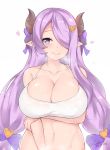  1girl bare_shoulders blue_eyes blush braid breast_hold breasts cleavage closed_mouth collarbone cowboy_shot dated draph granblue_fantasy hair_ornament hair_over_one_eye hairclip heart heart-shaped_pupils horns kuavera large_breasts lavender_hair long_hair looking_at_viewer midriff narmaya_(granblue_fantasy) navel pointy_ears shiny shiny_skin shirt sidelocks signature simple_background single_braid sleeveless solo stomach symbol-shaped_pupils t-shirt white_background 