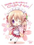  1girl 2018 ;d apron brown_hair character_name chibi dated dress floral_background flower gochuumon_wa_usagi_desu_ka? hair_ribbon happy_birthday hoto_cocoa index_finger_raised long_sleeves looking_at_viewer maid_apron maid_headdress nanase_miori one_eye_closed open_mouth outstretched_arm pink_apron pink_flower pleated_dress pleated_skirt polka_dot polka_dot_background red_dress red_ribbon ribbon short_hair skirt smile solo thigh-highs violet_eyes white_apron white_background white_legwear 