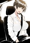  1girl absurdres between_breasts bra breasts business_suit car car_interior cleavage closed_eyes collarbone collared_shirt commentary dress_shirt drooling earrings formal ground_vehicle highres jewelry large_breasts motor_vehicle norman_maggot office_lady ol-chan_(norman_maggot) open_mouth original pixie_cut saliva seatbelt shirt short_hair sitting sleeping sleepy sleeves_rolled_up solo suit underwear 