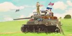  3girls artist_request clouds grass ground_vehicle highres m8a1 military military_vehicle motor_vehicle multiple_girls pants shirt shovel sky tank tree worktool world_of_tanks 