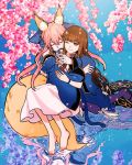  2girls animal_ears bangs bare_shoulders barefoot brown_eyes brown_hair commentary_request detached_sleeves different_reflection dress fate/extella fate/extra fate_(series) flower fox_ears fox_tail hair_between_eyes hooreng hug hug_from_behind kishinami_hakuno_(female) long_hair multiple_girls one_eye_closed petals pink_hair reflection smile spoilers tail tamamo_(fate)_(all) tamamo_no_mae_(fate) water white_dress wide_sleeves yuri 