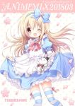  1girl :x ;d alice_(wonderland) alice_in_wonderland apron black_hat blonde_hair blue_bow blue_dress blue_hairband bow bowtie curtsey dress flower hair_bow hairband hat horizontal-striped_legwear light_blue_dress long_hair long_sleeves looking_at_viewer nanase_miori one_eye_closed open_mouth petals pink_bow pink_flower pink_neckwear pink_petals polka_dot polka_dot_background puffy_sleeves rabbit red_eyes smile solo striped striped_legwear thigh-highs top_hat white_apron white_background white_rabbit 