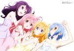  4girls :d :o absurdres bare_shoulders blonde_hair blue_eyes blush bow breasts brown_eyes cleavage comic_girls dress dress_bow eyebrows_visible_through_hair fang hair_between_eyes hand_holding hand_on_another&#039;s_head highres interlocked_fingers irokawa_ruki katsuki_tsubasa koizuka_koyume light_blue_dress light_blue_hair looking_at_another looking_at_viewer lying magazine_scan medium_breasts megami moeta_kaoruko multiple_girls noda_yasuyuki official_art on_back on_side open_mouth parted_lips pink_dress pink_eyes pink_hair purple_dress purple_hair scan short_hair sideways_mouth simple_background smile strapless strapless_dress violet_eyes white_background white_bow yellow_dress 