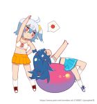  2girls =_= ahoge arm_up ball bangs bare_arms bare_shoulders bili_girl_22 bili_girl_33 bilibili_douga blue_eyes blue_hair blue_skirt blush closed_eyes closed_mouth collarbone crop_top exercise_ball eyebrows_visible_through_hair hair_between_eyes hair_ornament hand_on_hip kneehighs leaning_to_the_side lying midriff multiple_girls navel on_back orange_skirt outstretched_arms pink_hair pleated_skirt profile prophet_chu puffy_short_sleeves puffy_sleeves red_footwear shirt shoes short_sleeves simple_background skirt sneakers spoken_object standing stretch sun_(symbol) tank_top white_background white_legwear white_shirt white_tank_top 