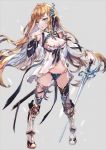  1girl bare_shoulders blonde_hair blue_eyes braid breasts cleavage detached_sleeves elf fantasy highres knight large_breasts long_hair navel original pointy_ears solo sword weapon yok01 