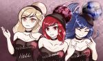  3girls \n/ bangs bare_shoulders black_choker black_shirt blonde_hair blue_eyes blue_hair breasts cafeier chains choker closed_eyes closed_mouth clothes_writing earth hand_up head_scarf heart hecatia_lapislazuli highres long_hair looking_at_viewer medium_breasts moon moon_(ornament) multiple_girls open_mouth planet polos_crown red_eyes redhead shirt smile standing t-shirt touhou upper_body yellow_eyes 