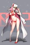  1girl between_breasts bikini breasts cleavage commentary_request darling_in_the_franxx detached_collar female full_body green_eyes groin hand_on_headwear hand_up hat head_tilt high_heels highres holding holding_hat jacket jacket_on_shoulders large_breasts long_hair looking_at_viewer midriff navel necktie necktie_between_breasts orange_neckwear parted_lips peaked_cap pink_hair red_bikini red_footwear red_high_heels red_swimsuit shadow shoes solo standing suishougensou swimsuit tongue tongue_out very_long_hair white_coat white_collar white_hat white_jacket zero_two_(darling_in_the_franxx) 