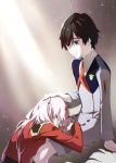 1boy 1girl bangs black_hair blue_eyes closed_eyes commentary_request couple darling_in_the_franxx hair_ornament hairband hand_on_another&#039;s_head hand_on_another&#039;s_leg hetero highres hiro_(darling_in_the_franxx) horns leje39 long_hair long_sleeves looking_at_another military military_uniform necktie oni_horns pink_hair red_horns red_neckwear short_hair sitting sleeping sleeping_on_person uniform white_hairband zero_two_(darling_in_the_franxx) 