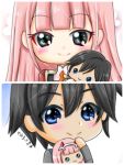  1boy 1girl absurdres bangs black_hair blue_eyes blush chibi closed_eyes couple darling_in_the_franxx doll doll_hug fringe green_eyes hetero highres hiro_(darling_in_the_franxx) holding holding_doll hug long_hair long_sleeves looking_at_viewer military military_uniform necktie orange_neckwear pink_hair rirakkumahiroko short_hair signature uniform zero_two_(darling_in_the_franxx) 