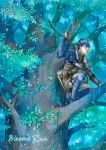  1boy blue_eyes blue_hair bow_(weapon) canopy elbow_gloves fire_emblem fire_emblem_echoes:_mou_hitori_no_eiyuuou fire_emblem_gaiden gloves holding holding_bow_(weapon) holding_weapon paison rain solo squatting tamami_if tree water_drop weapon 