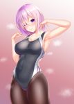  1girl black_legwear black_swimsuit competition_swimsuit covered_navel cowboy_shot eyes_visible_through_hair fate/grand_order fate_(series) gradient gradient_background hair_over_one_eye highres mash_kyrielight one-piece_swimsuit pantyhose pantyhose_under_swimsuit pink_background purple_hair short_hair solo standing swimsuit violet_eyes zuizhong 